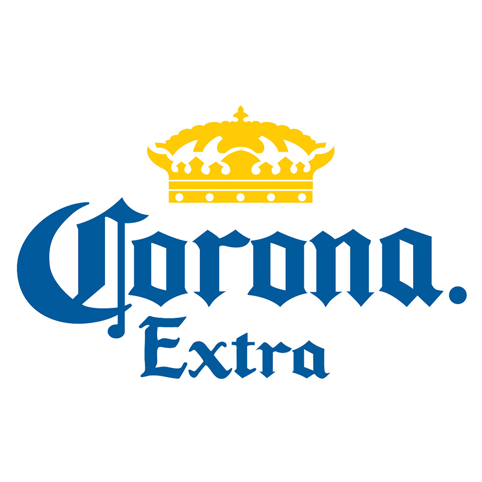 Corona Extra logo in blue text with a yellow crown above the word "Corona" on a white background.