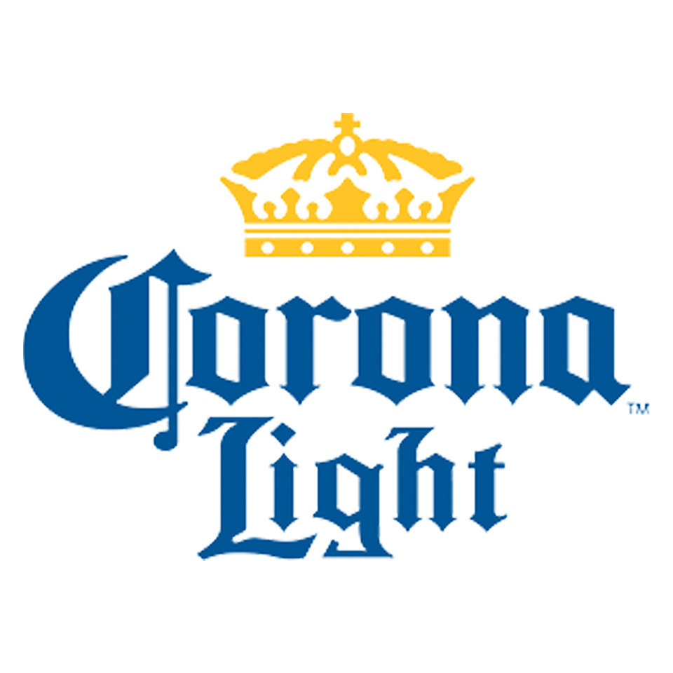 Corona Light logo with blue text and a yellow crown above the word "Corona" on a white background.