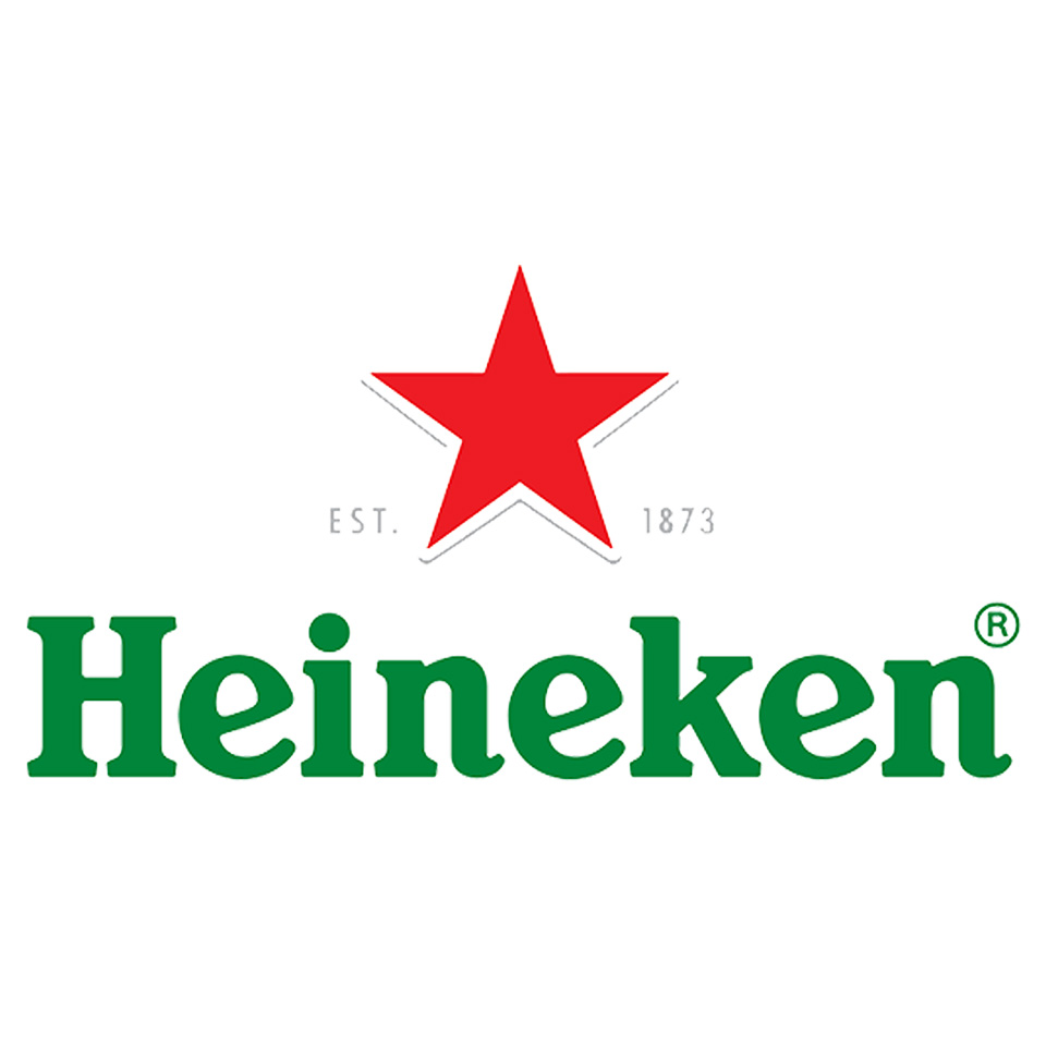 Heineken logo with a red star above green "Heineken" text and "EST. 1873" written on each side of the star.