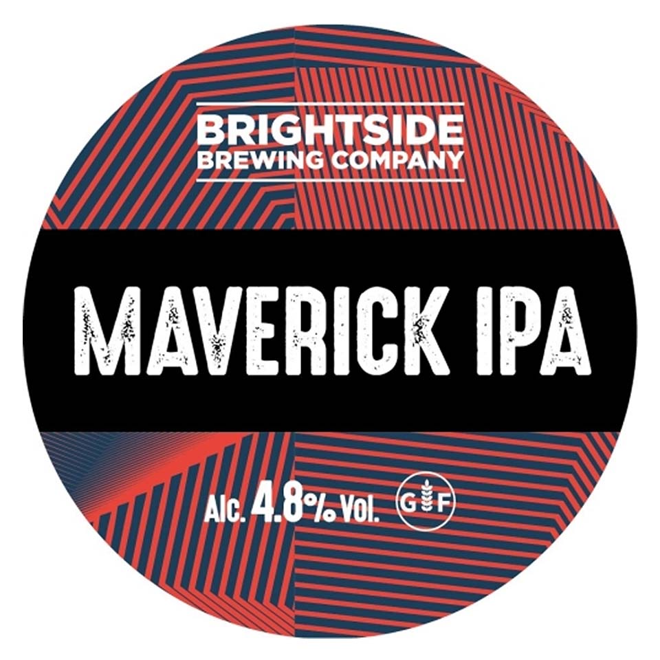 Brightside Brewing Company Maverick IPA label with bold text and abstract red and blue pattern background.