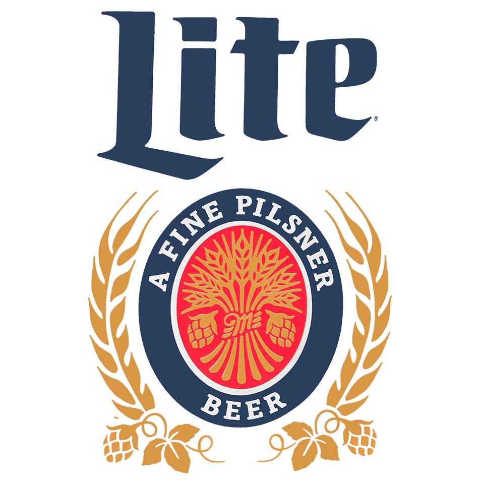 Miller Lite logo with "A Fine Pilsner Beer" emblem and wheat and hops illustration.