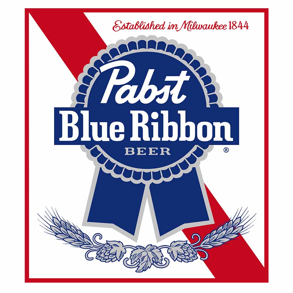 Pabst Blue Ribbon Beer logo with a blue ribbon and red diagonal stripe in the background.