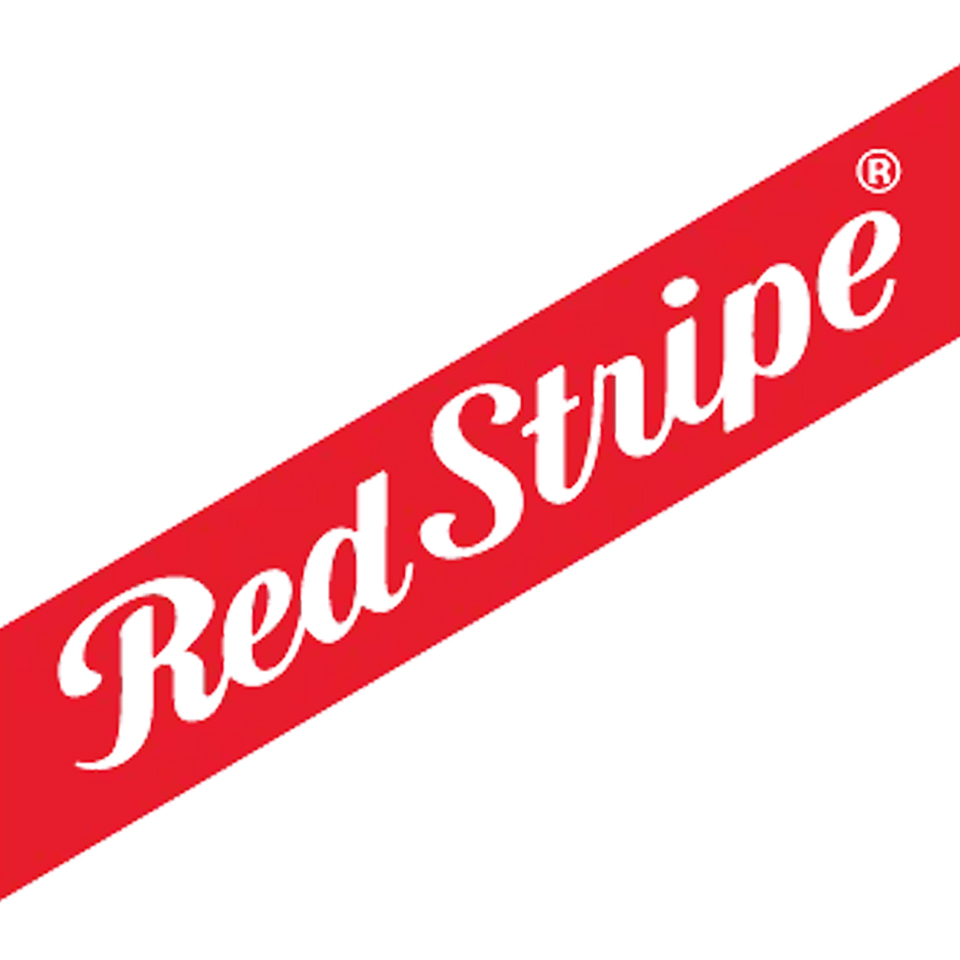 Red Stripe logo with white text on a red diagonal banner and a registered trademark symbol.