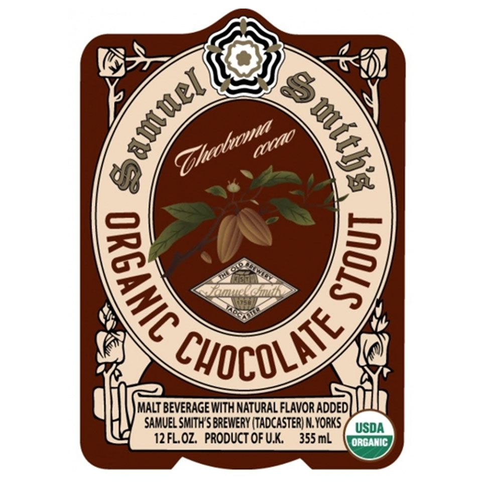 Samuel Smith's Organic Chocolate Stout label with cocoa pod illustration and USDA Organic seal.
