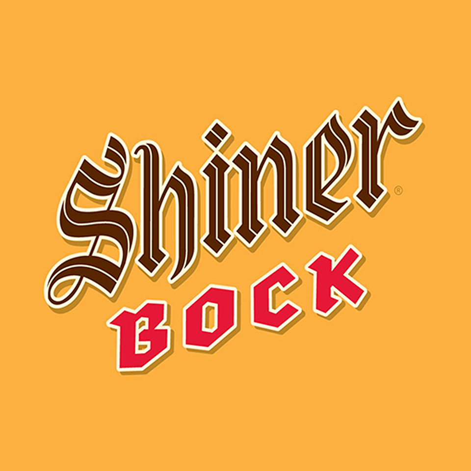 Shiner Bock logo with "Shiner" in brown and "Bock" in red on a yellow background.