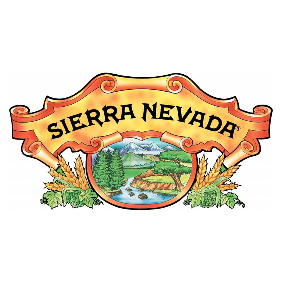 Sierra Nevada logo with a mountain scene framed by a decorative orange banner and greenery.